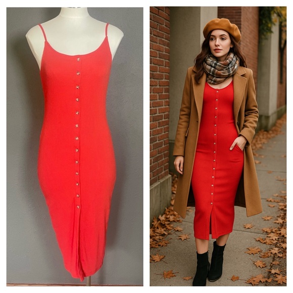 Forever 21 Red Ribbed Bodycon Midi Dress | Size S - Picture 1 of 7